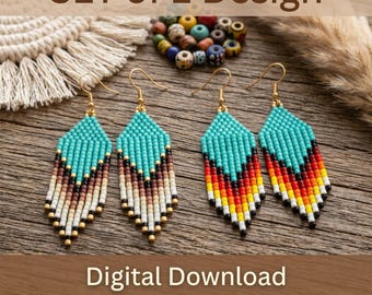 Native Inspired Fringe Earring Brick Stitch Pattern Set (2 Designs) (PDF Download), Boho & Hippie Ombre designs