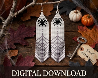 May include: White and gray beaded earrings with a black spider design. The earrings are long and rectangular, with a fringe at the bottom. The image also includes pumpkins, leaves, and the text "DIGITAL DOWNLOAD Brick stitch pattern."