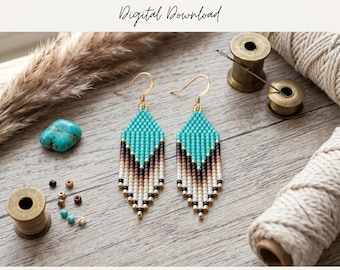 May include: A pair of diamond-shaped beaded earrings featuring a brick stitch pattern in turquoise, brown, cream, and black. The earrings have gold-tone hooks. Text reads BRICK STITCH PATTERN Digital Download. Finished component size is 1.6 x 0.6 inches.
