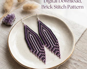 May include: A pair of beaded earrings in shades of purple and black, arranged on a white plate. The earrings feature a brick stitch pattern and dangle from silver hooks. The image includes text that reads "Digital Download, Brick Stitch Pattern."
