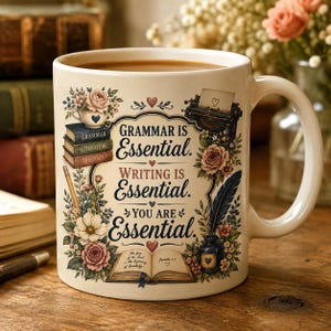 May include: A cream-colored ceramic mug featuring a floral design, a stack of books labeled Grammar, Literature, and History, a typewriter, a quill pen, and an open book. The text reads: Grammar is Essential. Writing is Essential. You are Essential.