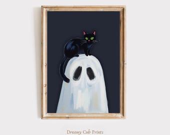 Black Cat Ghost Halloween Print, Spooky Witchy Wall Art (Digital Download)