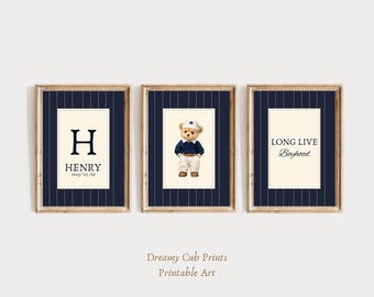 Personalisierte Teddybär-Kinderzimmer-Drucke | Marine Blau Junge Zimmer Dekor (Digitaler Download)