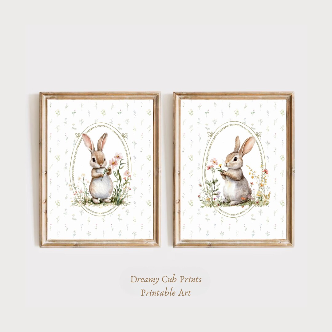 Cottagecore Rabbit Wall Art Set of 2 | Girl Playroom Decor | Neutral ...
