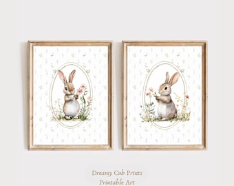 Cottagecore Rabbit Wall Art Set of 2 | Girl Playroom Decor | Neutral Nursery Printable Decor