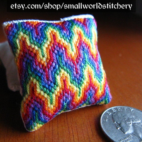 Miniature Dollhouse Pillow - Rainbow Bargello/Hungarian Point embroidery