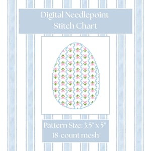 May include: Digital needlepoint stitch chart featuring an egg design with pink and green floral patterns. The pattern size is 3.5" x 5" on 18-count mesh. The background has a light blue and white striped pattern.