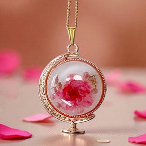 May include: A gold-colored pendant necklace featuring a globe-shaped charm. The charm encases a vibrant pink flower against a white background. Pink rose petals and roses are scattered around the necklace, creating a romantic theme.