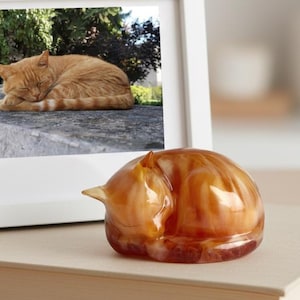 Pode incluir: Uma foto emoldurada em branco de um gato laranja dormindo repousa sobre um livro de cor clara. Ao lado, uma escultura de vidro de um gato laranja enrolado. A cena é montada em uma superfície de madeira.