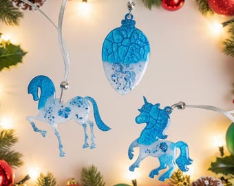 Handmade Christmas Ornaments Set: Resin Vintage Horse Fox Unicorn Decoration New year gift Gzhel style
