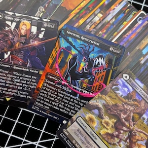 May include: A collection of trading cards featuring various fantasy illustrations, including Zenos yae Galvus, Gwenom Remorseless, and Boggart Trawler. The cards display detailed character art, text, and mana symbols, arranged in a fanned-out stack.