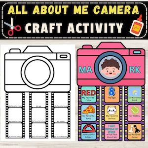 Peut inclure: Une feuille d'activité artisanale en noir et blanc et un appareil photo rose. L'appareil photo en noir et blanc a de l'espace pour écrire. L'appareil photo rose a un visage d'enfant et des invites pour les choses préférées.