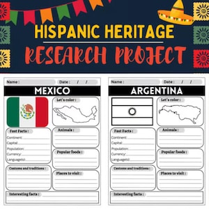 May include: A Hispanic Heritage Research Project worksheet with the text "Hispanic Heritage Research Project" in orange and red. The worksheet includes sections for Mexico and Argentina, with flags, maps, and fill-in-the-blank sections for facts.