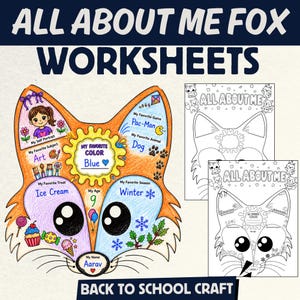 Könnte beinhalten: Ein Set von All About Me Fox Arbeitsblättern für ein Bastelprojekt zum Schulanfang. Die fuchs-förmige Vorlage enthält Abschnitte für persönliche Angaben wie Name, Alter, Lieblingsfarbe, Tier, Spiel, Jahreszeit, Leckerei, Fach und ein Selbstporträt.