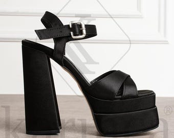 Black Satin Wedding Shoes, Party, Night, Dance Shoes, 15 cm Block Heel, Handcrafted by KARINCA Designers
