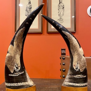 Pair Of Carved Water Buffalo Horns With Eagles