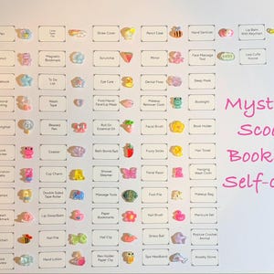 May include: A white board displays a variety of small, colorful self-care and bookish items. The items include accessories like scrunchies, bookmarks, and nail files. Text on the board reads "Mystery Scoop Bookish Self-care."