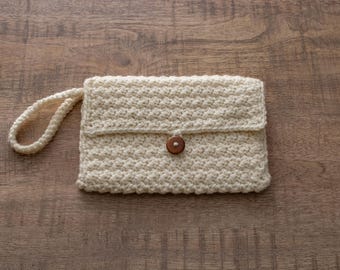 Handmade Crochet Aran White Clutch with a White Minky Liner