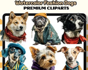Clipartbundel aquarel Fashion Dogs: 25 png-rassen voor sublimatie