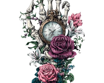 Clipart gotische skelethand: zakhorloge en rozen (digitale png-download, 5000 x 5000 px, 300 DPI)