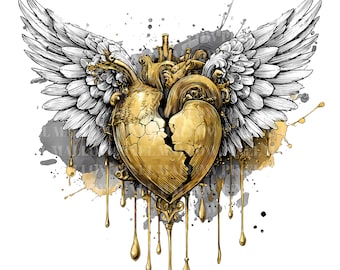 Clipart gevleugeld hart: Fantasy Angel Wings, druipende inktkunst (digitale png-download)