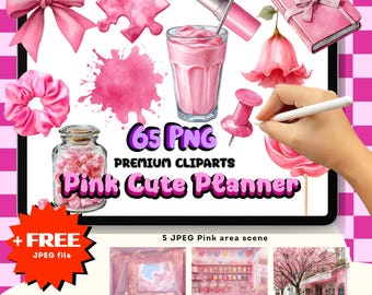 Roze aquarel clipart: kawaii planner stickers, pastel pictogrammen (PNG, commercieel gebruik)