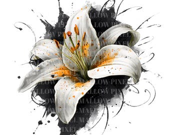 Floral clipartset: inktplons tattoo-stijl bloemen (PNG, transparant BG)
