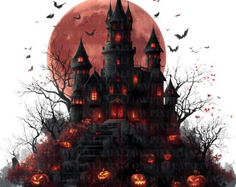 Halloween-clipartset: spookachtig kasteel, pompoenen, spoken (digitale png-download)
