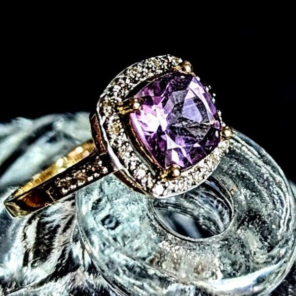 Personal Collection - Amethyst with Diamond Halo Ring in Gold