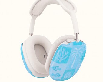 Fundas para AirPods Max con azulejos tropicales azules / Estuche para AirPod Max con estampado pastel playero / Palmeras y conchas de coral