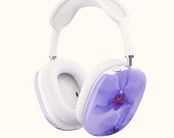 Fundas para AirPods Max en color orquídea bígaro/fundas florales pastel para auriculares, diseño botánico morado suave, accesorio tecnológico de estética tropical.