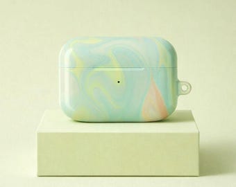 Estuche para AirPods con remolino pastel / Funda con mármol amarillo menta y mantequilla para AirPods Pro y AirPods Gen 3 y 4 / Bonita funda protectora con llavero