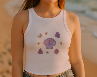 Seashell Crop Top: Iridescent Mermaidcore Tank Top with Pearls & Sea Glass