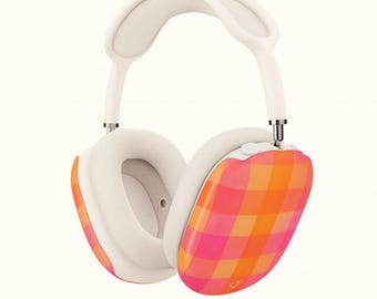 Fundas para AirPod Max con cuadros rosas y naranjas / Fundas para auriculares con estampado de cuadros vichy acuarela para AirPods Max