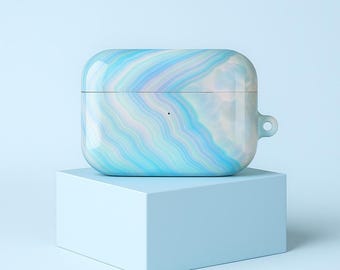 Funda para AirPods con diseño inspirado en ágata ópalo azul, cubierta brillante con imagen de piedra preciosa y mosquetón para AirPods 3, AirPods 4, AirPods Pro 1 y AirPods Pro 2