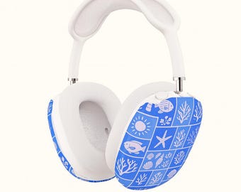 Funda para AirPod Max con diseño de conchas marinas azules / Diseño náutico de playa (conchas, estrellas de mar y corales) / Funda protectora resistente a arañazos