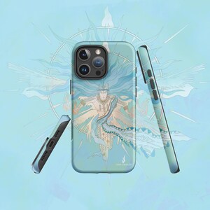 May include: Three phone cases with a light blue backdrop. Each case displays an illustration of a figure with flowing hair and clothing. The design incorporates shades of blue, teal, and gold. The cases are for a mobile phone.