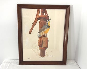 Lámina vintage de alondra oriental - Gene Gray Bird Art, 1974 - Decoración de pared enmarcada