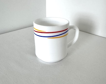 Vintage Arcopal France Mug – Red Yellow Blue Stripe Milk Glass Coffee Cup
