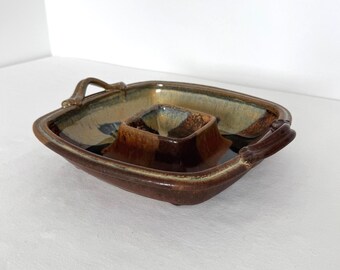 Vintage R Allen Tennessee Studio Pottery Serving Dish, Earth Toned Stoneware Bowl