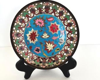 Vintage Indian Cloisonné Plate – Pierced Brass, Turquoise Floral Enamel