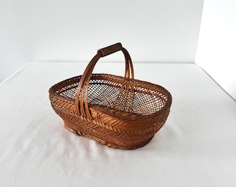 Vintage Handwoven Bamboo Market Basket – Open Weave Handle Basket, Cottage Decor PRC Label