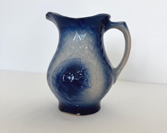 Vintage Rose Fish Scale Design Pitcher – Blue Pottery Jug with Cobalt Glaze, Mid-Century Decor