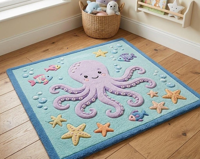 3D Hand-Tufted Wool Octopus Rug, Modern Sea Life Area Carpet