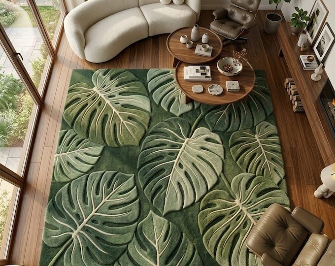 3D Monstera Leaf Rug, Hand Tufted Green Wool Area Rug, Botanical Tropical Large Rug for Living Room, Modern Boho Decor,Custom Size Available