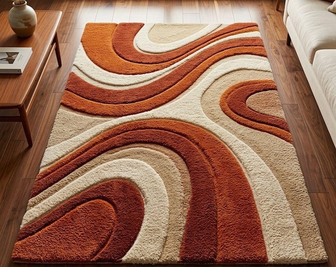Retro Sun Arches Wool Rug – Hand-Tufted 3D Abstract Mid-Century Carpet