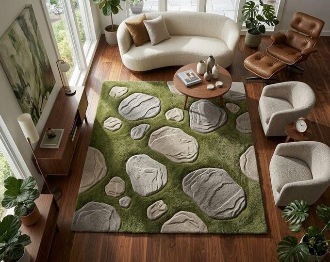 3D Topographical Wool Rug, Hand-Tufted Abstract Moss Area Rug, Modern Textured Living Room Carpet