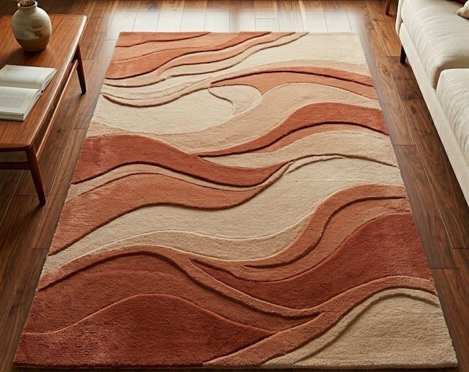 Abstract 3D Wave Wool Rug – Terracotta, Cream Hand-Tufted Mid-Century Scandi Decor