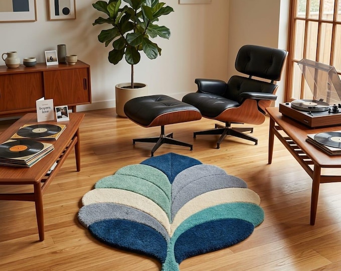 Modern Leaf Hand Tufted Wool Rug-Blue Green Abstract Art Deco Area Carpet for Living Room Nursery-Botanical Plush Rug, Custom Size Available