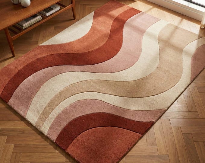Wavy Terracotta Wool Rug, Retro 70s Boho Sunset Carpet, Hand-Tufted Area Home Decor